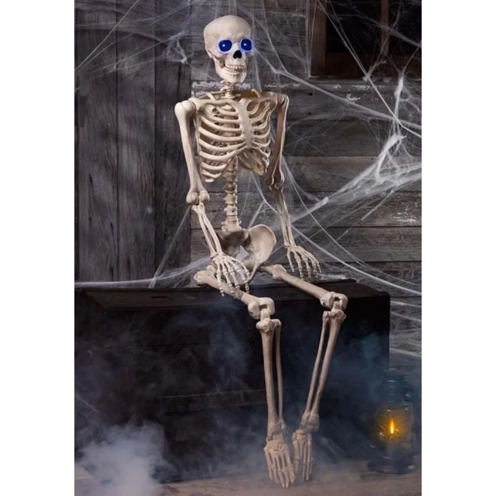5 ft‎ Halloween Life Size Human Skeleton Poseable Bones Blue LED Light Eye